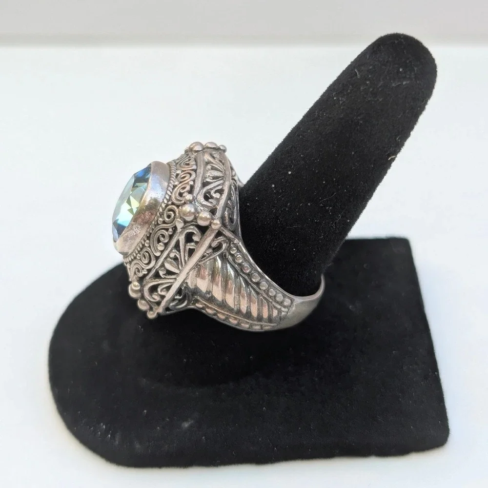 Sarda Sterling Silver 925 Blue Topaz Filigree Bali‎ Scroll Cocktail Ring Size 7